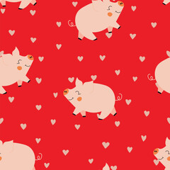 Vector flat animals colorful illustration for kids. Seamless pattern with cute pig on color floral background. Adorable cartoon character. Design for textures, card, poster, fabric, textile