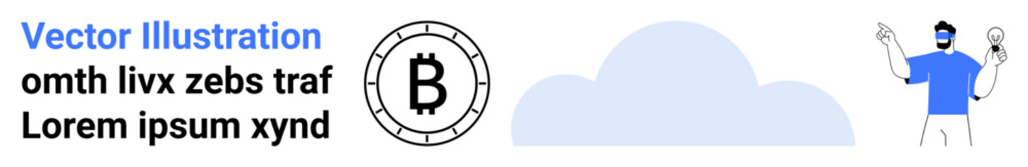 Text with Bitcoin symbol, cloud shape, and character holding objects. Ideal for cryptocurrency, finance, technology, digital economy, cloud services, innovative marketing, startup, educational