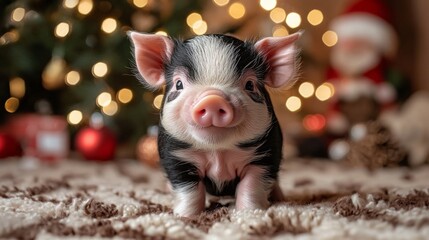 Cute cozy piggy enjoys snowy winter Christmas banner. Cute happy pig portrait. Seasonal banner design with place for text.
