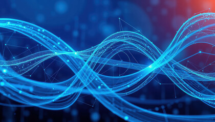 Futuristic blue waves with glowing lines and particles create dynamic visual. This abstract representation of quantum technology evokes sense of innovation and advanced science