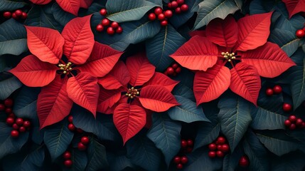 Obraz premium Christmas background with poinsettia. Traditional Xmas plant floral design with copy space. Flower frame Noel card.