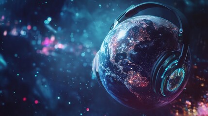 headphones on the earth with neon colored background. world radio day concept