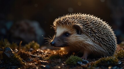 Fototapeta premium a cute hedgehog standing on a wet forest floor. The hedgehog's spiky fur, curious expression, and beady eyes make it an adorable subject.