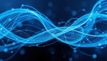 Futuristic blue wave patterns with glowing dots create mesmerizing visual effect, representing advanced technology and quantum concepts