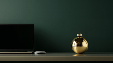 Golden bauble - minimalist Christmas ornament on the working desk in a corporate office, with a laptop in the background