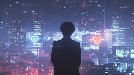 Person overlooking a cityscape, with cyber security lock icons. Digital safety concept.