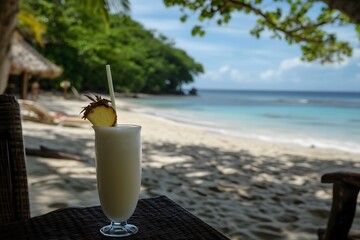 A tasty piña colada served in the shade on a tropical beach