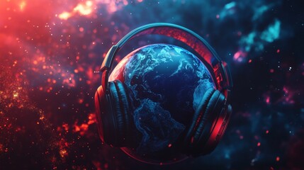 headphones on the earth with neon colored background. world radio day concept