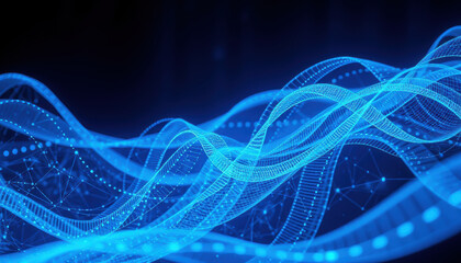 Futuristic blue waves representing quantum technology and data flow, showcasing intricate patterns and connections in digital landscape