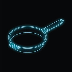 Neon frying pan glowing on a black background, concept for restaurants, food industry