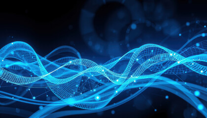 Futuristic blue waves with glowing particles create mesmerizing digital landscape, representing advanced technology and quantum concepts