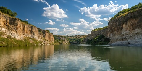 Fototapeta premium A majestic canyon with towering cliffs and a calm river below is set against a backdrop of blue sky with clouds.