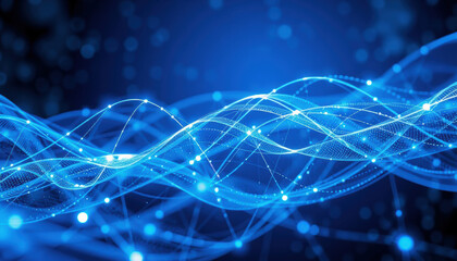Futuristic blue wave patterns with glowing particles create mesmerizing visual effect, representing advanced technology and quantum concepts