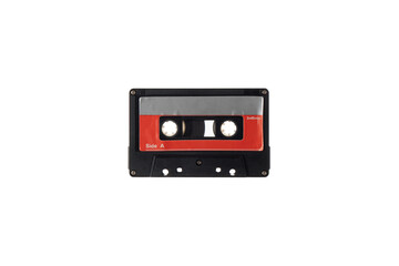 Close-up of an audio cassette with a sticker without text.  Analog storage medium. Cassettes for...