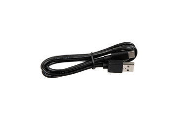 Black USB cable with two connectors, neatly coiled and secured with a strap, isolated on a white...