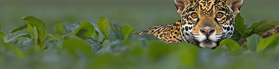 Obraz premium Majestic Jaguar Stealthily Hidden Among Lush Green Foliage in Dense Jungle Habitat Capturing Power and Beauty of Wild Predator in Natural Environment