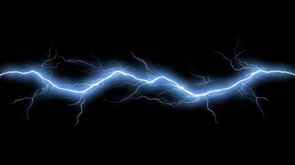 Lightning, electric thunderbolt strike of blue colour during night storm, impact, crack, magical energy flash. Thunderstorm flash on black background