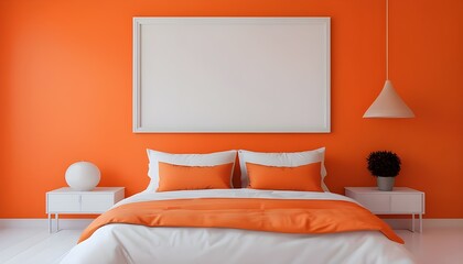 Image depicts a modern bedroom with a vibrant orange color scheme. The room features a neatly made bed with white and orange bedding, including two orange throw pillows.
