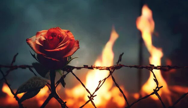 rose wrapped in barbed wire fence and the fire burning behind	