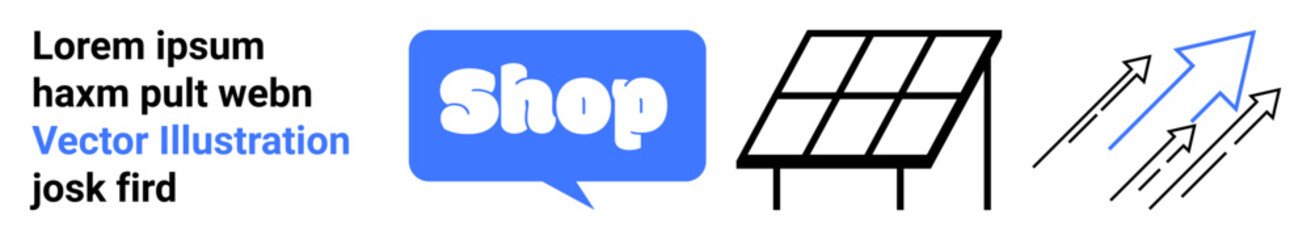 Shop text in a chat bubble, solar panel graphic, upward arrows. Ideal for online shopping, sustainability, renewable energy, marketing, and growth promotion. Banner landing page