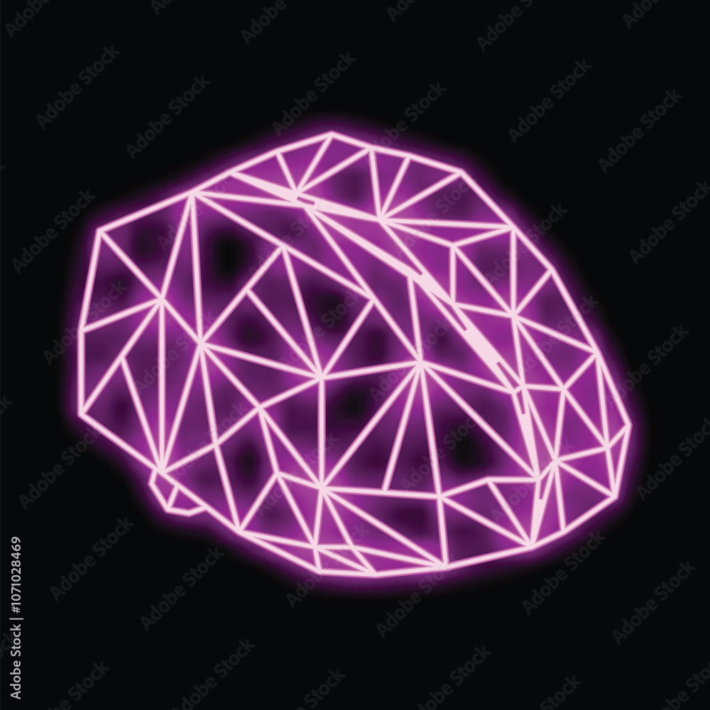 Poster glowing purple neon sign representing a computer mouse made of triangular polygons