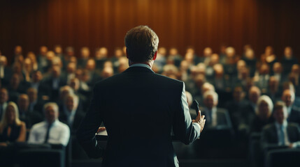 Fototapeta premium Politician Speaker Addressing Conference Audience Circular Economy