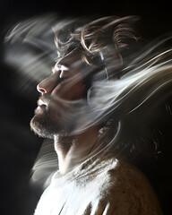 Fototapeta premium A profile view of a man immersed in music, long hair and headphones, with flowing light effects.
