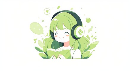 Obraz premium A cute girl wearing headphones and holding a tablet, illustrated in a flat style with a light green and white color scheme