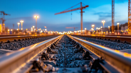 Fototapeta premium Tramway Construction Site at Dusk with Steel Tracks and Cranes