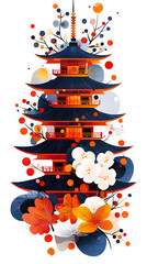 Colorful Floral Pagoda Wallpaper Inspired by Japanese Traditional Architecture and Cherry Blossoms