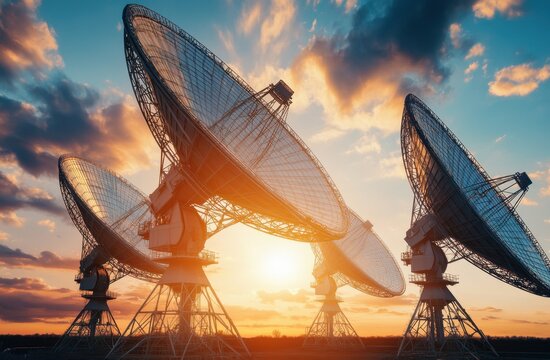 Silhouettes of four large radio telescope dishes against the backdrop of an evening sky with clouds, with one dish in focus and three more blurred behind it Generative AI