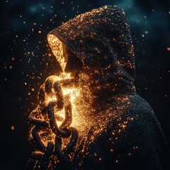 Mysterious Hooded Figure with Glowing Chains in Dark Abstract Digital Art Fantasy, Firelight Sparks, Mystic Lighting, Enigmatic Atmosphere, Chain Symbolism, Mystery Appeal