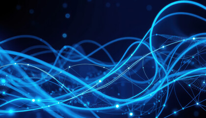Futuristic blue waves with glowing particles create dynamic visual effect, representing advanced technology and quantum concepts