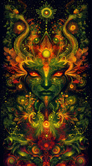 Fototapeta premium Mystical Green Fantasy Portrait of a Nature Goddess with Vibrant Colors and Intricate Botanical Elements