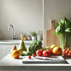 Kitchen Countertop with Fresh Fruits and Vegetables