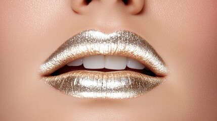 Obraz premium Close up of female mouth with gold lipstick and white teeth. Concept of fashion and beauty.