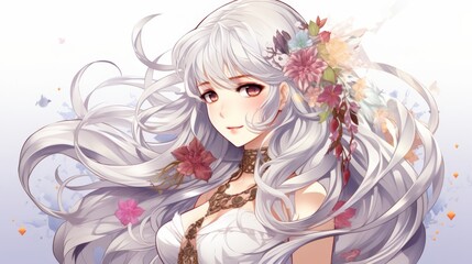 Anime-inspired illustration of a cute girl with long silver hair, wearing an exquisite white coat adorned with colorful ribbons and lace details.