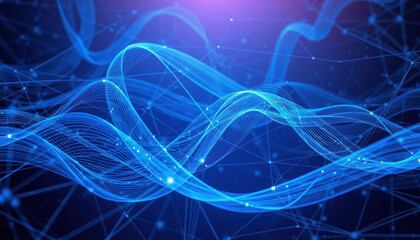 Futuristic blue waves with interconnected lines create dynamic visual representation of quantum technology and data flow, evoking sense of innovation and connectivity