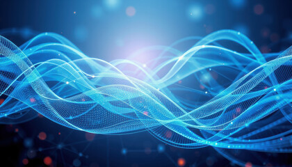 Futuristic blue waves create mesmerizing visual effect, representing quantum technology and digital innovation. flowing lines evoke sense of motion and energy