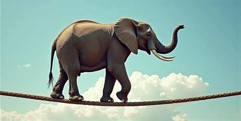 Obraz premium Big heavy elephant balancing on a rope, metaphorical concept about a difficult situation in life, tightrope act