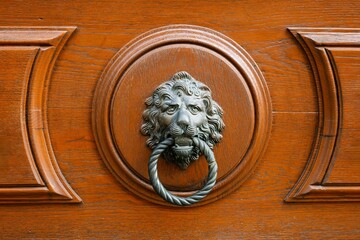 Vintage antique door knocker in the form of the head of a lion with ring on the old orange brown wooden door. Decorative element on weathered wood surface. Architecture in Italy . Details of entrance.
