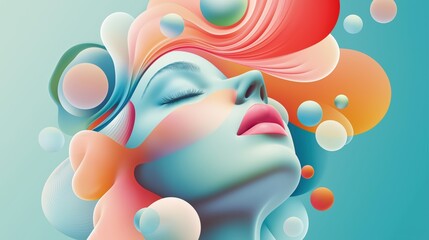 Tranquil abstract portrait with colorful whimsical waves and bubbles encircling serene woman's face on a soft turquoise background