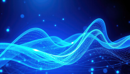 Futuristic blue waves with glowing particles create dynamic visual effect, representing technology and innovation in digital landscape