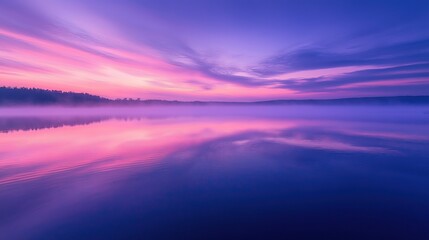 Serene lakeside sunrise with vibrant purple and pink skies reflecting on calm water surface, capturing tranquility and natural beauty in scenic landscape