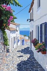 Sun shining on traditional greek cobblestone street leading to the sea