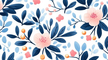   Floral pattern with blue, pink, orange flowers and leaves on white background