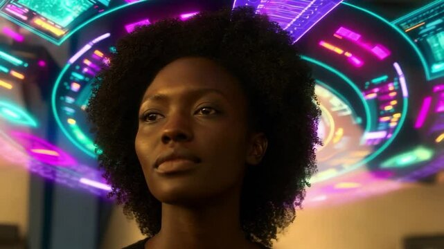 Close-Up of Black Woman Surrounded by Futuristic Colorful Holographic Graphics