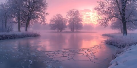 Naklejka premium A serene winter landscape featuring a frozen river with cracked ice, surrounded by frost-covered trees under a soft pink and purple sky at dawn.
