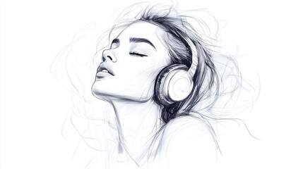 Fototapeta premium Monochrome Pencil Sketch of Woman Enjoying Music with Headphones and Eyes Closed_