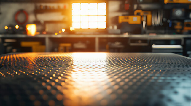 Sunlit blur mechanic workshop metal tabletop, countertop with tools, automotive store. Metal workbench 